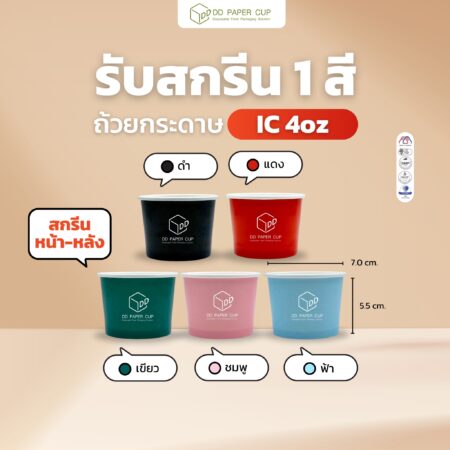 สกรีนถ้วยกระดาษไอศกรีม 4oz. พื้นสีสำเร็จ เลือกสีสกรีนได้ 1 สี หน้า-หลัง 2จุด (ฟรีค่าสกรีน ฟรีค่าออกแบบ ฟรีค่าบล็อค) @foodpack ติดต่อแบ๋ม
